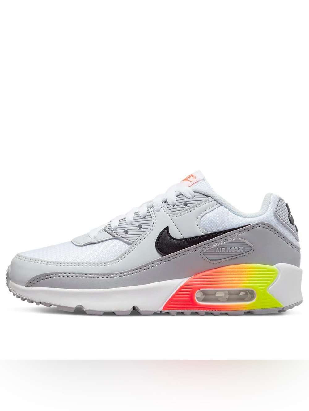 Nike Air Max 90 White Gray with Black Swoosh and Neon Gradient